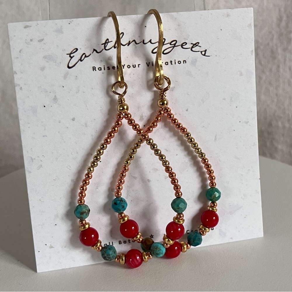 Handmade Turquoise & Coral Mixed Metal Teardrop Hoop Wire Wrapped Earrings